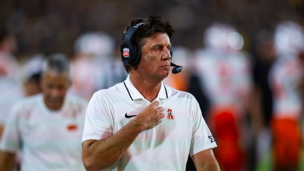 Sep 9, 2023; Tempe, Arizona, USA; Oklahoma State Cowboys head coach Mike Gundy against the Arizona State Sun Devils at Mountain America Stadium. Mandatory Credit: Mark J. Rebilas-USA TODAY Sports